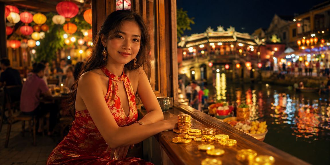Minh họa nạp tiền nhận thưởng jackpot tại quán cà phê phong cách Hội An